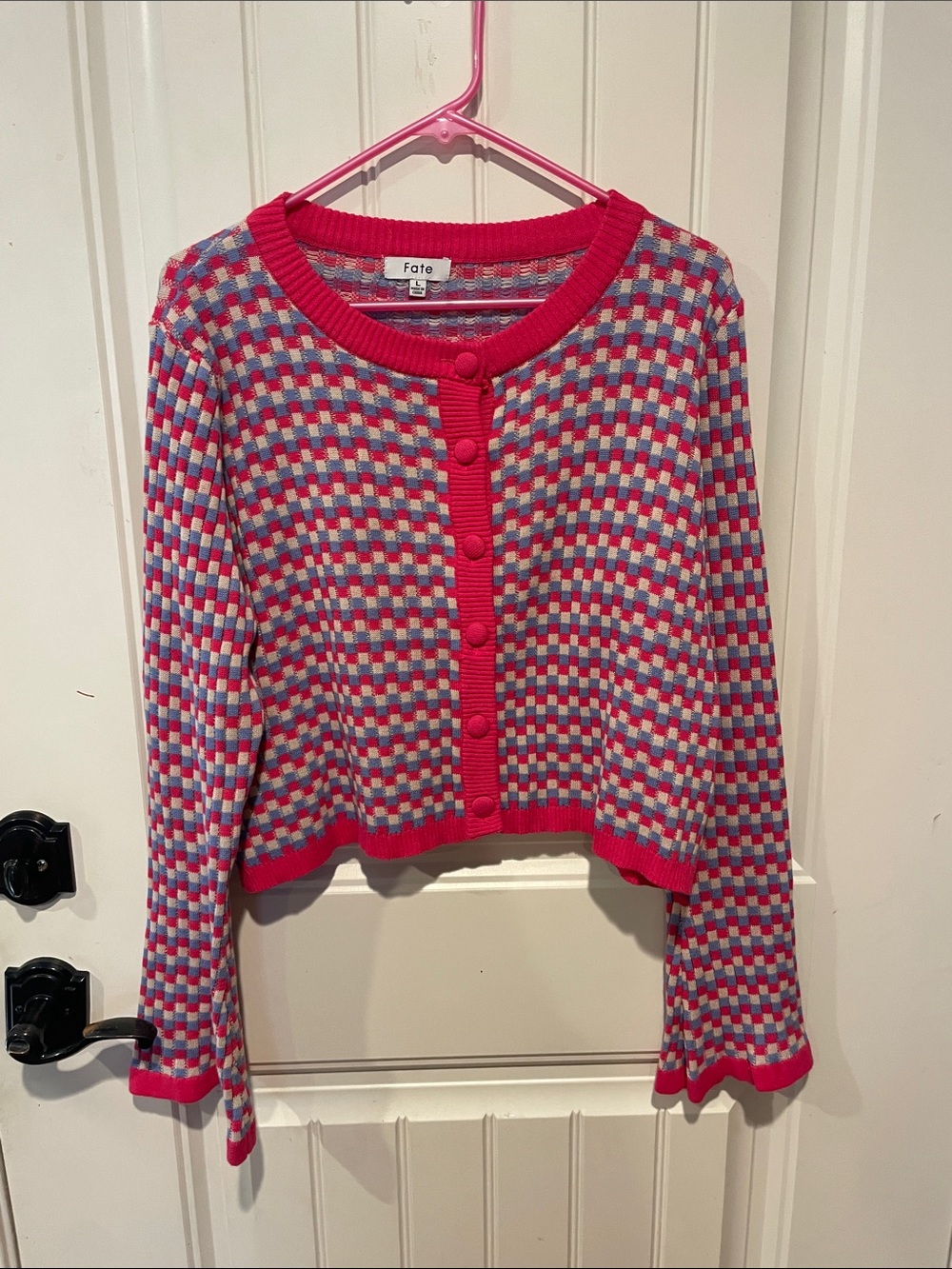 Fate Checkerboard Knit Cardigan in Hot Pink and Light Blue flare sleeves